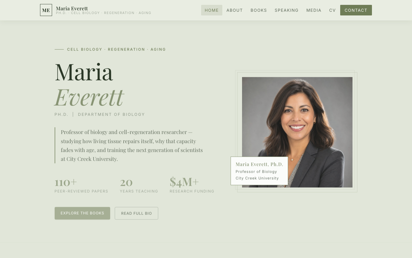 Example Scholar Profile — a professor's homepage with hero portrait, biography, and highlights