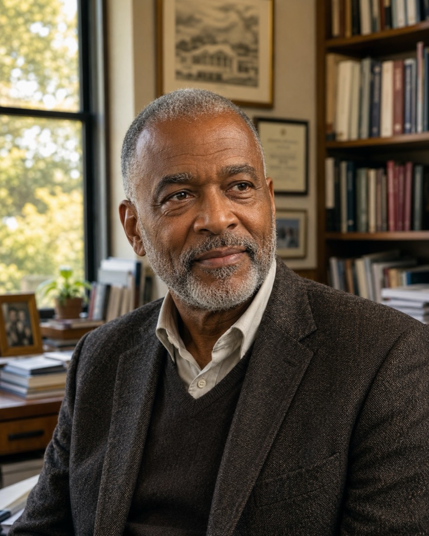 A senior professor, seated in his sunlit book-lined office
